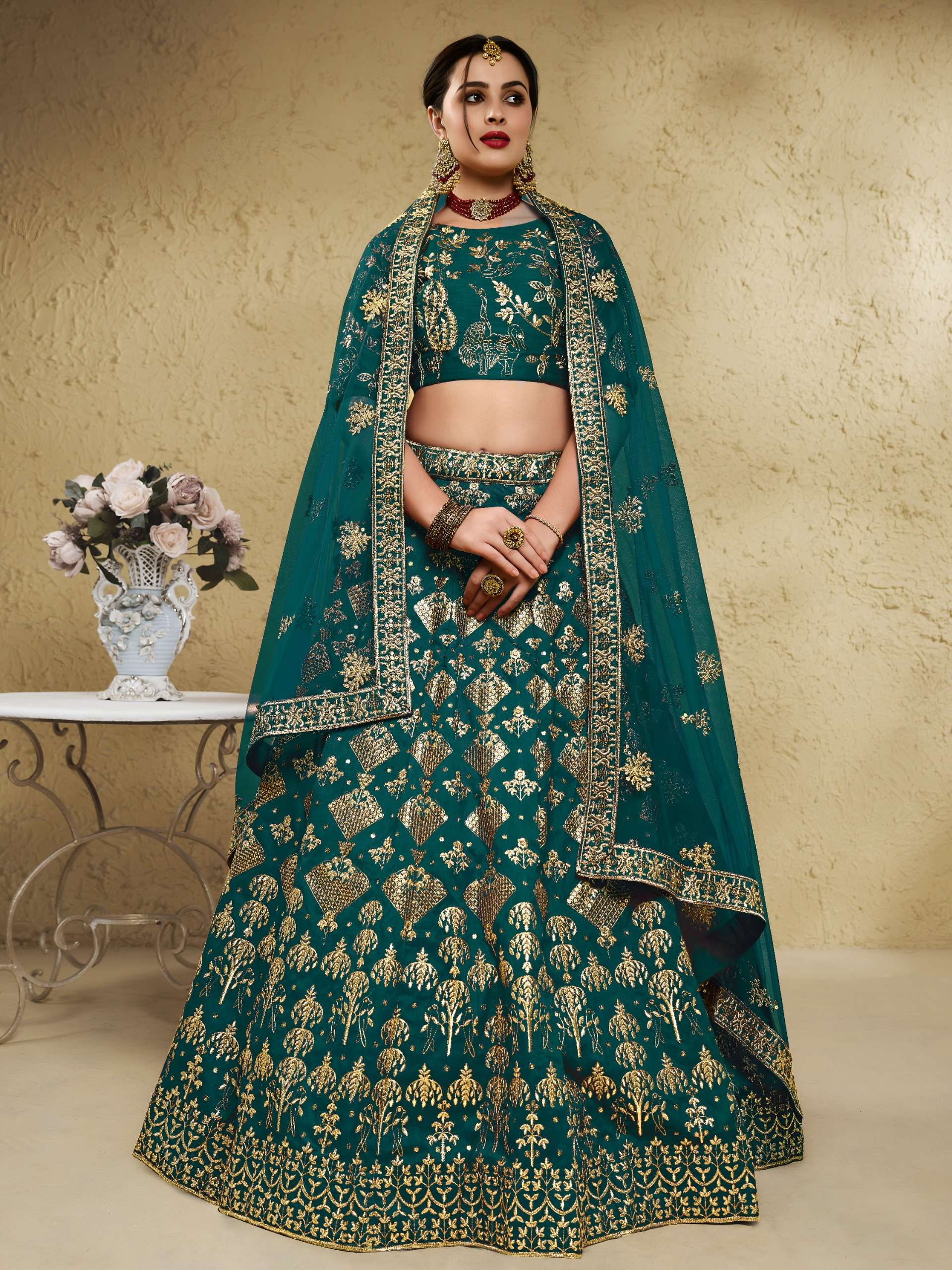  Emerald Colour with fancy Heritage Embroidered work on art silk fabric Lehenga Choli 7055 Green